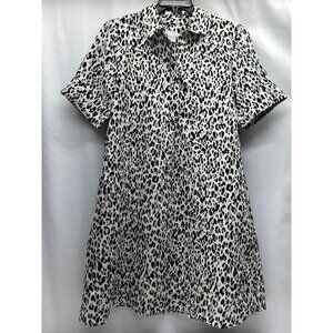 Chicos Leopard Print 100% Linen A-Line Dress Size 12 Cuffed Short Sleeves Pocket